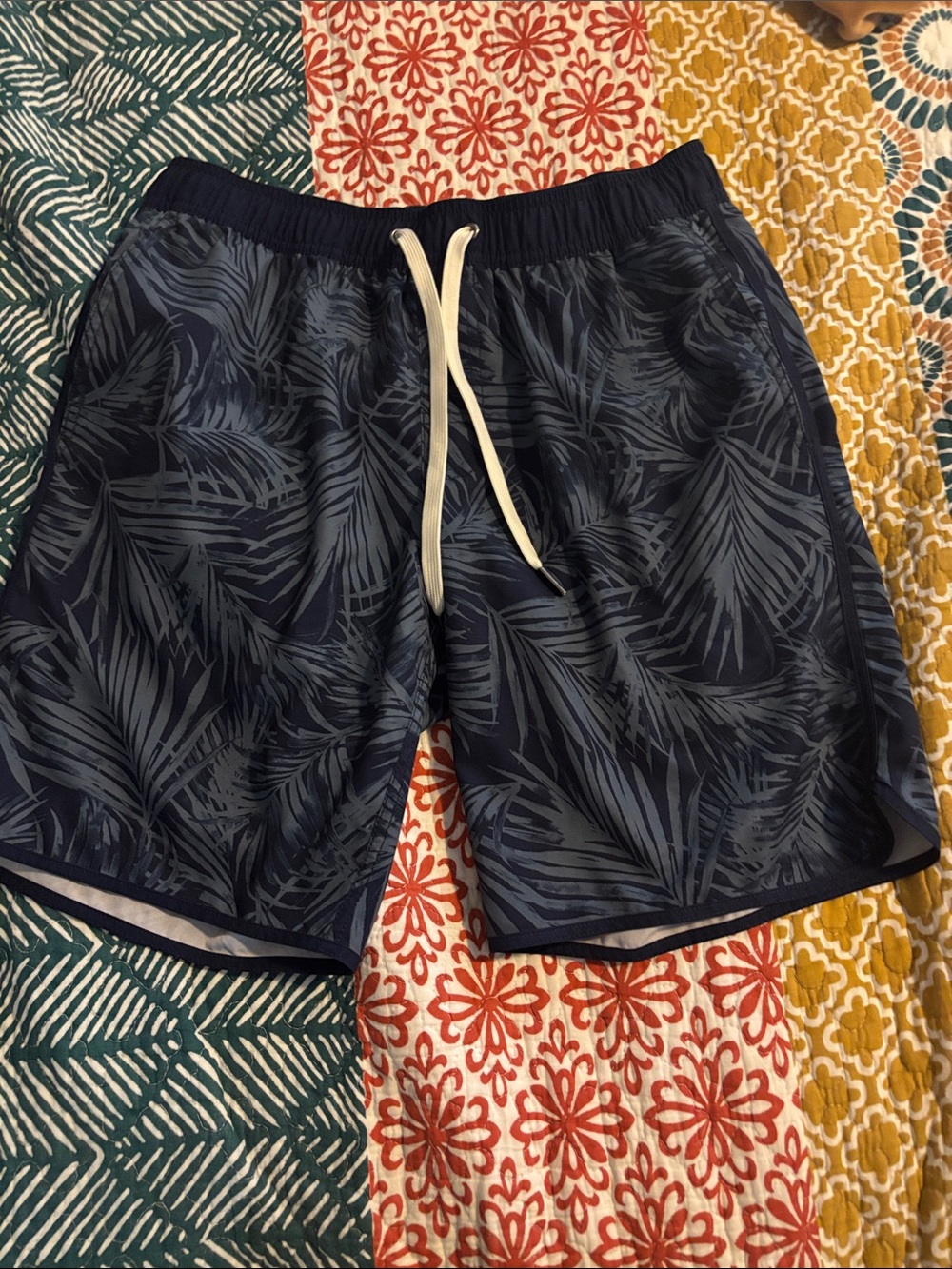 Fair Harbor Navy and Gray Palm-Print Swim Trunks